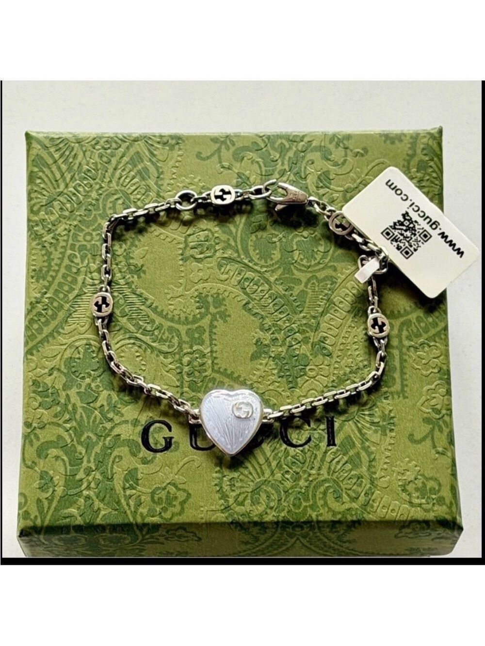 New Full Set Gucci Interlocking G Heart Bracelet Womens 925 Silver White Size 16